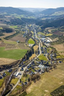 Aerial view, forest area and village view Heringhausen, Bestwig, Sauerland, North Rhine-Westphalia,