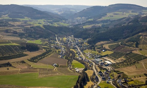 Aerial view, forest area and village view Heringhausen, Bestwig, Sauerland, North Rhine-Westphalia,