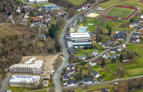 Aerial view, Wabach stadium, Wabach pool, construction site and new construction of a senior