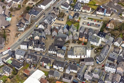 Aerial view, town centre, Bad Laasphe Protestant Church, church square, Bad Laasphe, Siegerland,
