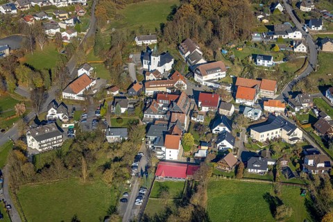 Aerial view, town centre and St. Antonius Church in the Eisborn district of Balve, Sauerland, North