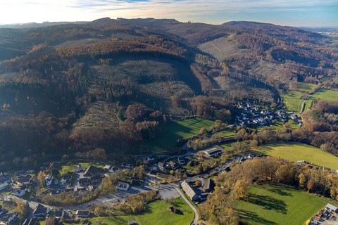 Aerial view, Binoler Berg forest area with forest damage in the district Volkringhausen in Balve,