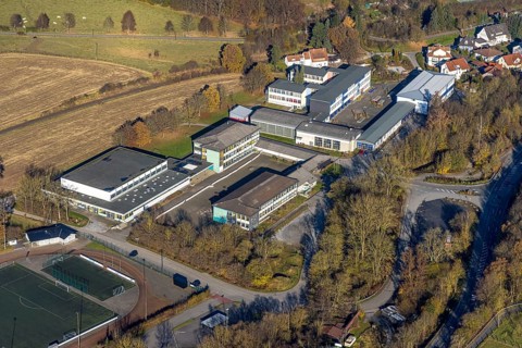 Aerial view, Städt. Gemeinschaftshauptschule and Städt. Realschule Balve and sports hall in the