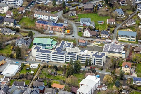 Aerial view, Städtisches Gymnasium, construction site with new building