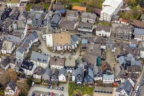 Aerial view, Protestant church at the church square in Bad Laasphe, Siegerland, North