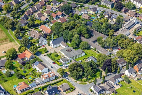 Aerial view, Church of the Resurrection and Martin Luther House in Weddinghofen, Bergkamen, Ruhr