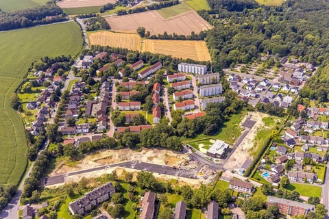 Aerial view, construction site AWO kindergarten and new housing estate Heidegärten on Berliner
