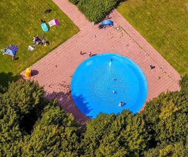 Aerial view, outdoor pool and wave pool Weddinghofen, paddling pool, children's pool, in the