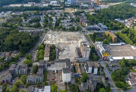 Aerial view of the wasteland of the former town hall centre Bergkamen, development of the former