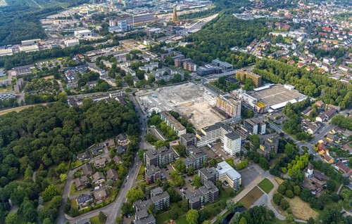 Aerial view of the wasteland of the former town hall centre Bergkamen, development of the former