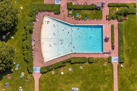 Aerial view, outdoor pool and wave pool Weddinghofen in the leisure centre Im Häupen in