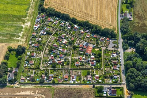 Aerial view, allotment garden association Im Krähenwinkel e.V. in Bergkamen, Ruhr area, North