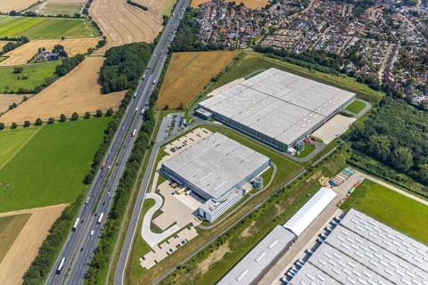 Aerial view, commercial area Lünener Straße at the motorway A2, Heldt Gebäudetechnik and DHL