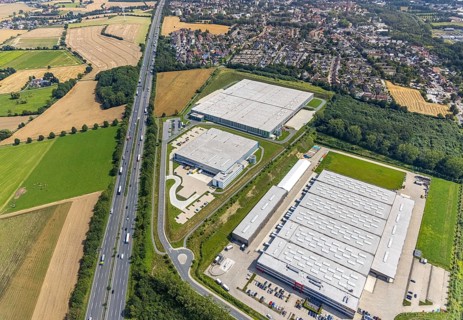 Aerial view, commercial area Lünener Straße at the motorway A2, Heldt Gebäudetechnik and DHL
