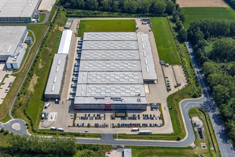 Aerial view, commercial area Lünener Straße at the motorway A2, Heldt Gebäudetechnik and DHL