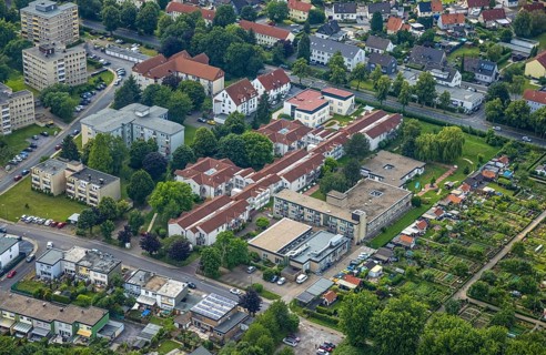 Aerial view of the AWO retirement home Hermann-Görlitz-Seniorenzentrum, Bergkamen, Ruhr area, North