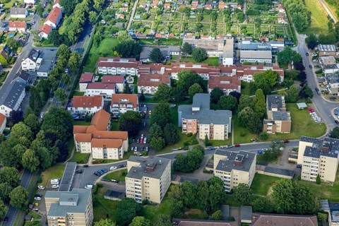Aerial view of the AWO retirement home Hermann-Görlitz-Seniorenzentrum, Bergkamen, Ruhr area, North