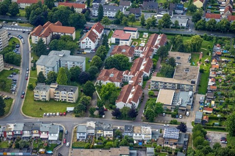 Aerial view of the AWO retirement home Hermann-Görlitz-Seniorenzentrum, Bergkamen, Ruhr area, North