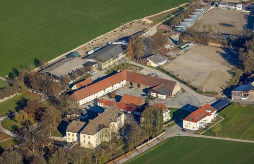 Aerial view, Wocklum Castle and Wocklum Riding Centre in the district of Beckum in Balve,