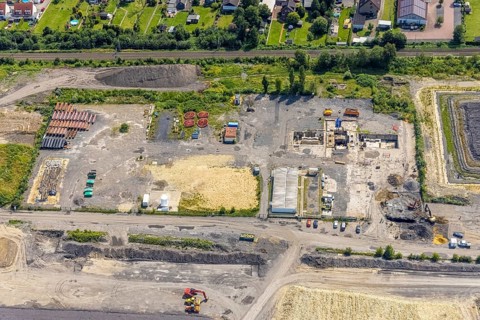 Aerial view, construction site for planned urban quarter Wasserstadt Aden on the site of the former