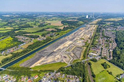Aerial view, construction site for planned urban quarter Wasserstadt Aden on the site of the former