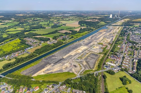 Aerial view, construction site for planned urban quarter Wasserstadt Aden on the site of the former