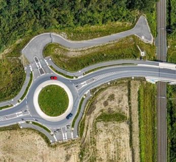 Aerial view, construction site and new roundabout at the Wasserstadt Aden in Oberaden, Bergkamen,