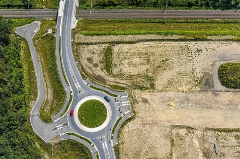 Aerial view, construction site and new roundabout at the Wasserstadt Aden in Oberaden, Bergkamen,