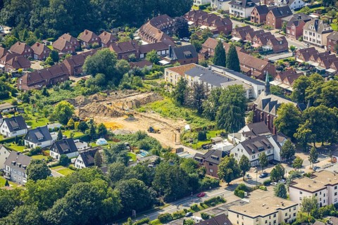 Aerial view, Herz Jesu Kirche and Seniorenzentrum Beckinghausen as well as construction site for