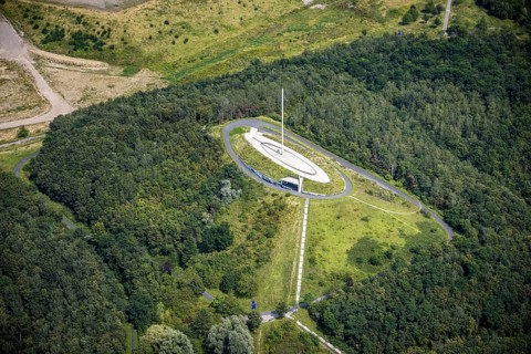 Aerial view, Großes Holz spoil tip with Adener Höhe and light column in Weddinghofen, Bergkamen,
