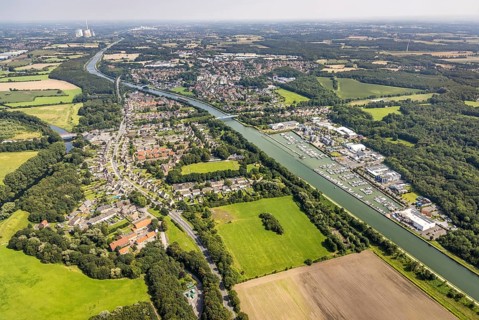 Aerial view, Yacht harbour Marina Rünthe in Bergkamen, Ruhr area, North Rhine-Westphalia, Germany,