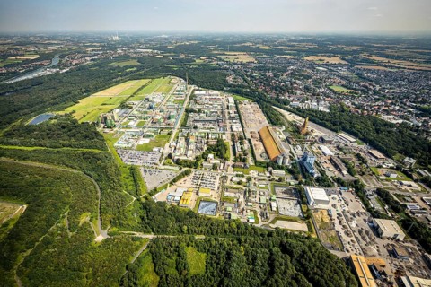 Aerial view, Bayer AG chemical plant site in Bergkamen, Ruhr area, North Rhine-Westphalia, Germany,