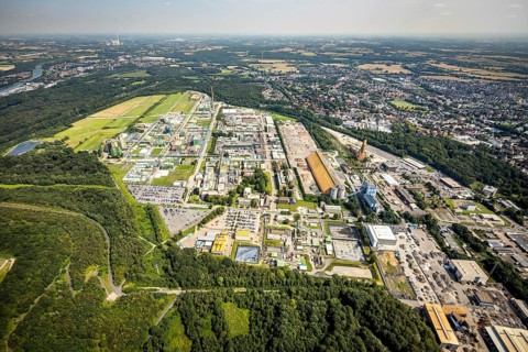 Aerial view, Bayer AG chemical plant site in Bergkamen, Ruhr area, North Rhine-Westphalia, Germany,