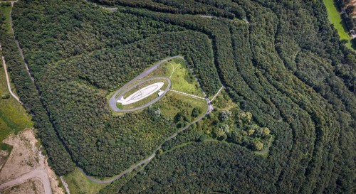 Aerial view, Großes Holz spoil tip with Adener Höhe and light column in Weddinghofen, Bergkamen,