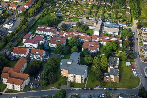 Aerial view of the AWO retirement home Hermann-Görlitz-Seniorenzentrum, Bergkamen, Ruhr area, North