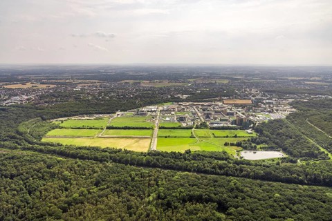 Aerial view, Bayer AG chemical plant site in Bergkamen, Ruhr area, North Rhine-Westphalia, Germany,