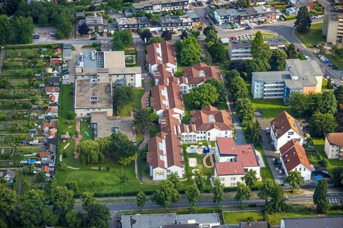 Aerial view of the AWO retirement home Hermann-Görlitz-Seniorenzentrum, Bergkamen, Ruhr area, North