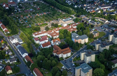 Aerial view of the AWO retirement home Hermann-Görlitz-Seniorenzentrum, Bergkamen, Ruhr area, North