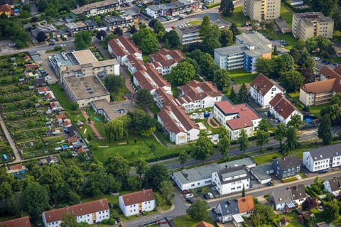 Aerial view of the AWO retirement home Hermann-Görlitz-Seniorenzentrum, Bergkamen, Ruhr area, North