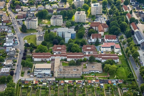 Aerial view of the AWO retirement home Hermann-Görlitz-Seniorenzentrum, Bergkamen, Ruhr area, North