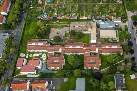 Aerial view of the AWO retirement home Hermann-Görlitz-Seniorenzentrum, Bergkamen, Ruhr area, North