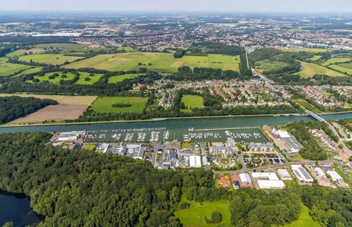 Aerial view, Yacht harbour Marina Rünthe in Bergkamen, Ruhr area, North Rhine-Westphalia, Germany,