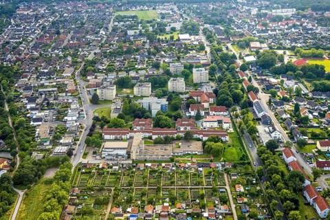 Aerial view of the AWO retirement home Hermann-Görlitz-Seniorenzentrum, Bergkamen, Ruhr area, North