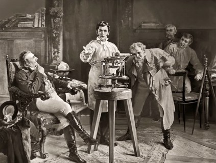 Joseph von Fraunhofer demonstrating the spectroscope, on left Joseph von Utzschneider, on right