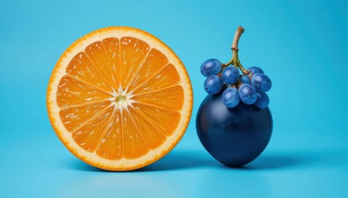 A close-up shot features a juicy orange slice next to a bunch of grapes, set against a bright blue