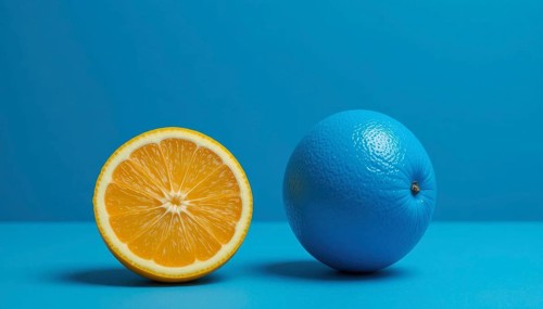A sliced orange sits next to a blue painted orange, creating a striking color contrast against a