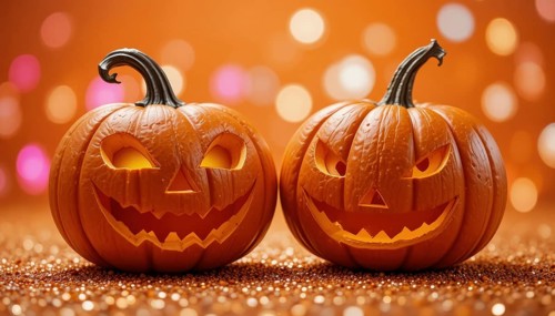 Close-up shot of two jack-o'-lanterns with carved faces, set against a blurred orange background