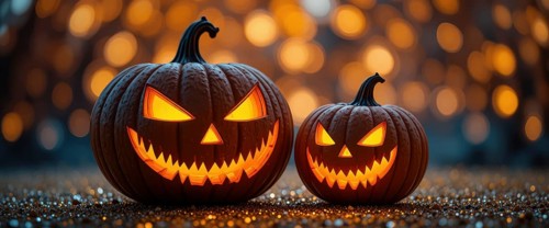 Two carved pumpkins with illuminated faces sit on a glittery surface, set against a blurred