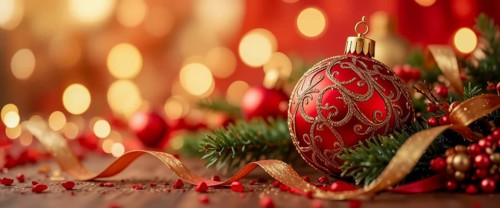 A close-up shot of a red Christmas ornament with gold embellishments, a golden ribbon, and festive