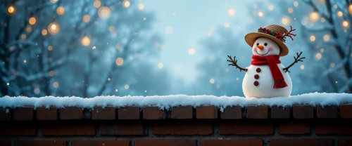 A cheerful snowman with a hat and scarf stands atop a brick wall, set against a snowy, bokeh-filled